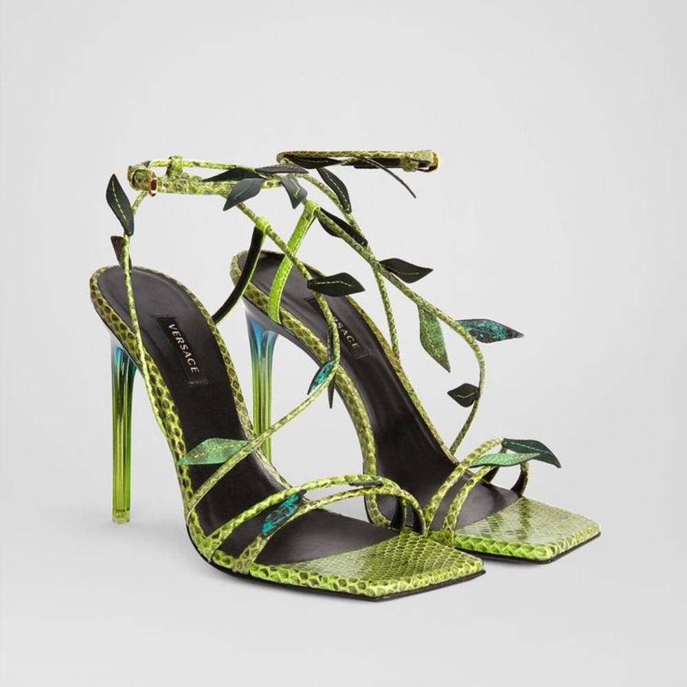 Versace Green Antheia Leaf Embellished Stiletto Heel Sandal. Size 37.